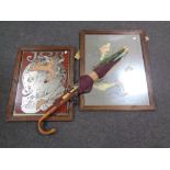 Two framed picture mirrors together with a bundle of 20th century parasols,