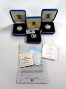 Three Royal Mint silver proof one pound coins, 1989, 1999 and 2000,