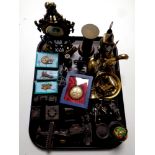 A tray containing assorted brass ware together with a large quantity of novelty metal pencil