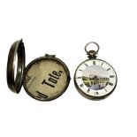 A silver pair-cased pocket watch, the enamelled dial depicting a steam locomotive on a bridge,