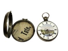 A silver pair-cased pocket watch, the enamelled dial depicting a steam locomotive on a bridge,