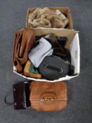 Two boxes containing vintage leather bags,
