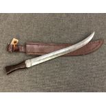 A fine double-edged knife/sword with ornate Damascus blade, wooden handle, overall length 61 cm,