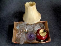 A box containing 20th century pressed glassware including champagne flutes, decanter,