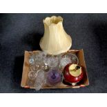 A box containing 20th century pressed glassware including champagne flutes, decanter,