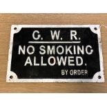 A metal railway plaque - "G.W.R. NO SMOKING ALLOWED BY ORDER", 19 cm X 30 cm.