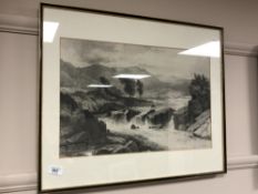 A monochrome print depicting a moorland, 50 x 32 cm, framed.