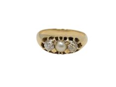 An 18ct gold pearl and old cut diamond ring, total diamond weight approximately 0.