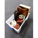 A box containing zither, vintage tins,