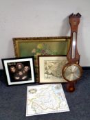 An inlaid mahogany banjo barometer with silvered dial together with a small quantity of pictures,