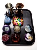 A tray containing miscellaneous to include seven assorted glass paperweights to include Caithness