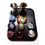 A tray containing miscellaneous to include seven assorted glass paperweights to include Caithness