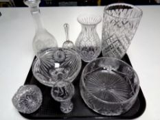 A tray containing assorted glassware to include cut glass lead crystal vases and bowls,