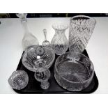 A tray containing assorted glassware to include cut glass lead crystal vases and bowls,