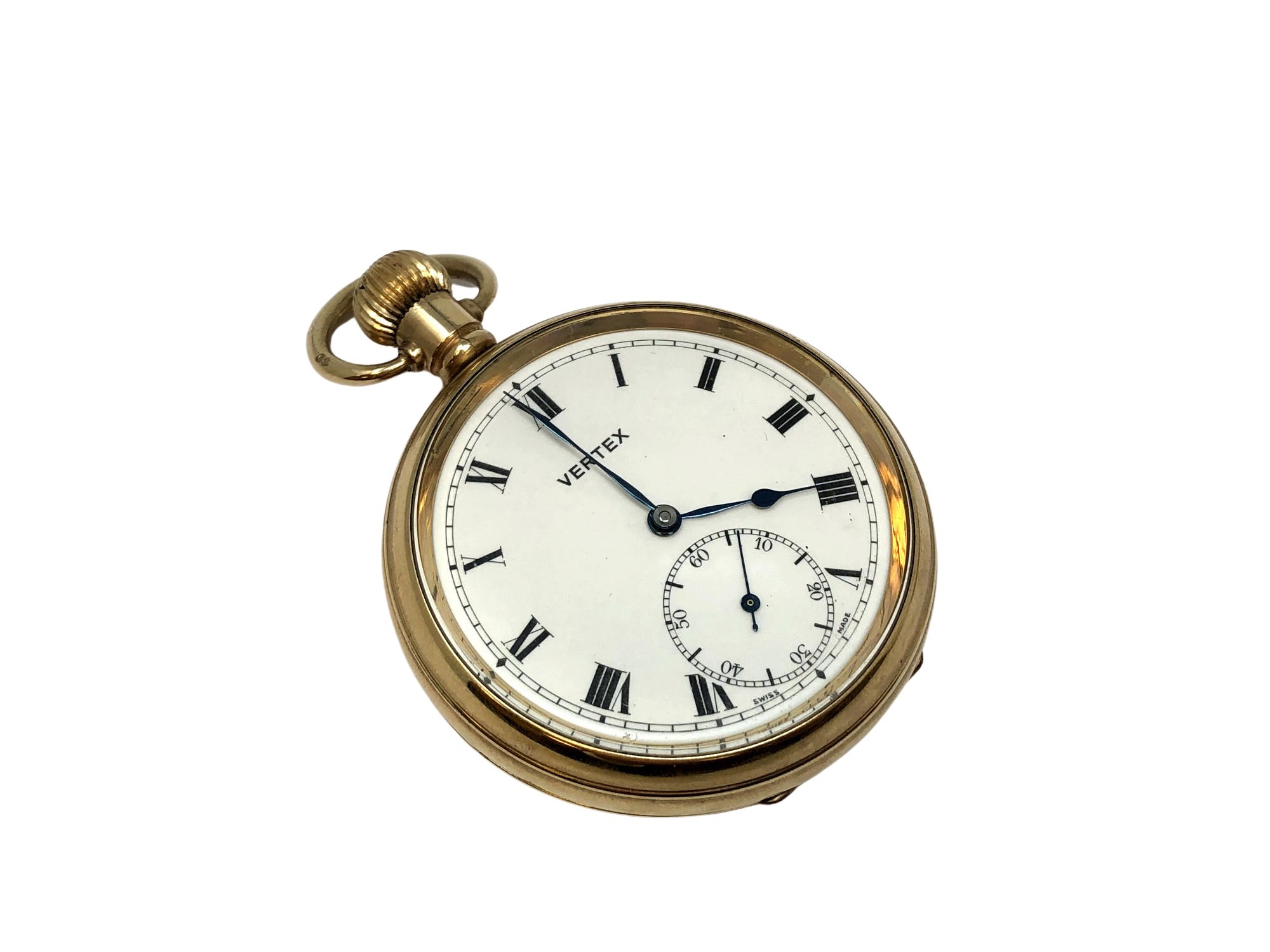 A gold plated open face pocket watch signed Vortex,