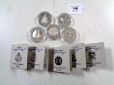 Five Royal Mint silver proof 1953-1993 Coronation Anniversary Crowns, Tonga, Vanuatu, Bhutan,