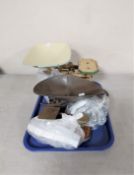 A tray containing two sets of vintage shop scales together with a set of postal scales,