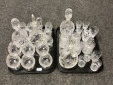 Two trays containing 20th century cut glass including set of six brandy glasses,