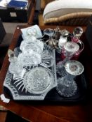 A tray of pressed glass dressing table set, pair of glass candlesticks, plated cruet set,