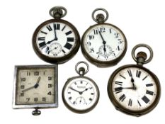 Three oversized nickel open face pocket watches,