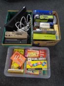 Three boxes containing 20th century games, assorted electricals to include LCD TV, X Box 360,