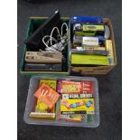 Three boxes containing 20th century games, assorted electricals to include LCD TV, X Box 360,