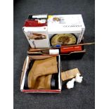 A box containing miscellaneous to include work boots, Kenwood food processor, Nao duck ornaments,