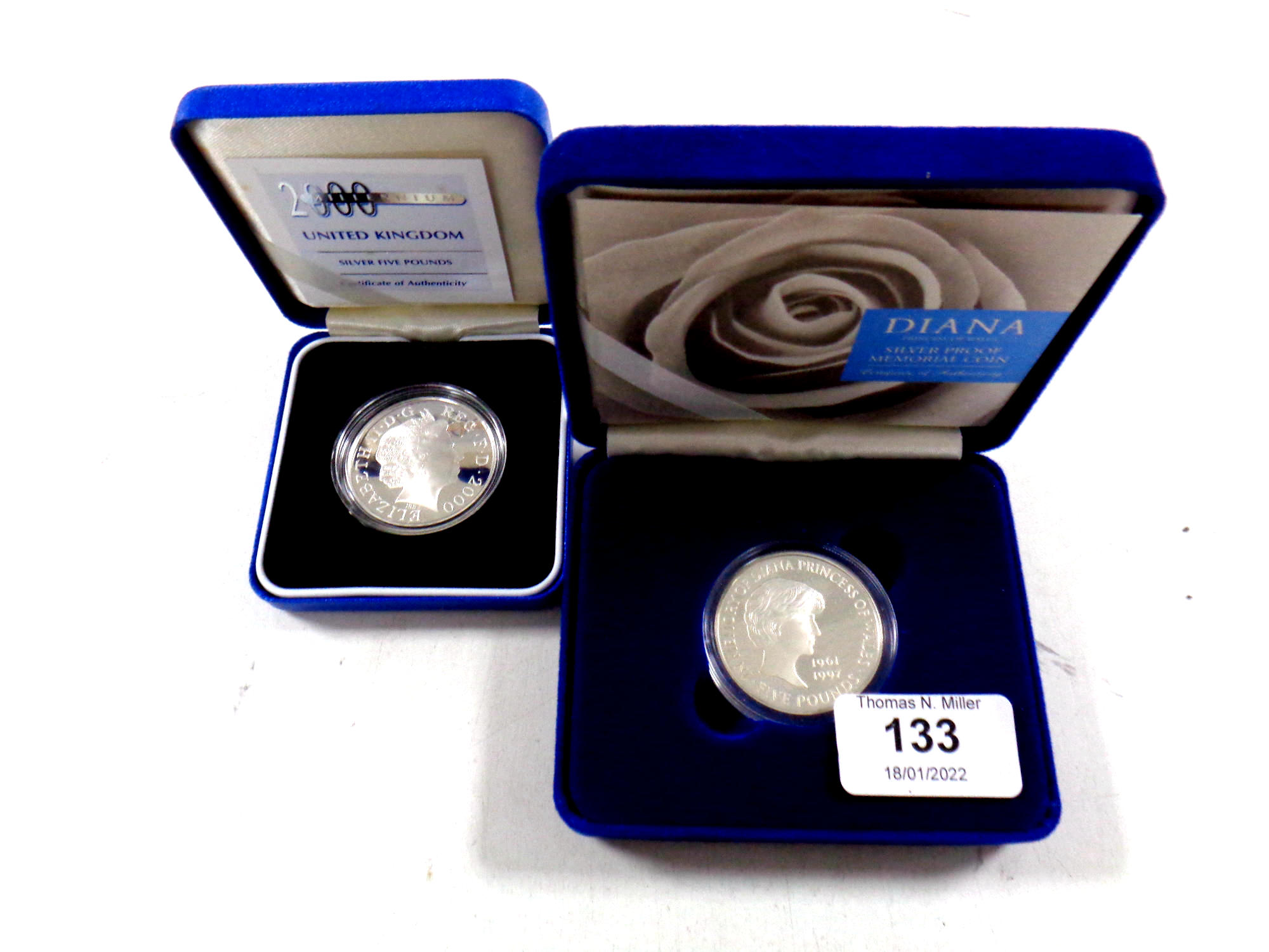 Two Royal Mint silver proof five pound coins, 2000 Millennium and Diana Princess of Wales,