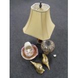 A Tiffany style table lamp with leaded glass shade together with a further table lamp and shade,