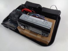 A tray containing assorted electricals to include Garmin Sat Nav, a DAB car radio,