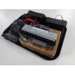 A tray containing assorted electricals to include Garmin Sat Nav, a DAB car radio,