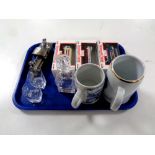 A tray containing an Aberdeen University miniature decanter with two shot glasses,