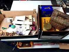 A box of miscellaneous including hand fans, vintage skipping rope, ephemera etc,