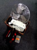 A box containing electric sewing machine, fan,