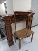 An oak fire surround together with a demi lune occasional table and one further low table