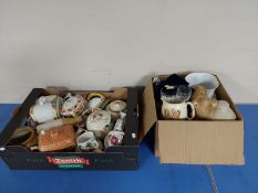 Two boxes containing antique and later porcelain, glassware, cheese dish and cover, vintage doll,