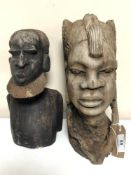 Two hand carved wooden tribal busts (2)