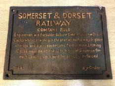 A metal railway plaque - "SOMERSET & DORSET RAILWAY - COMPANY RULE - Enginemen are Forbidden to