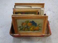 A box containing continental pictures and prints, still life of fruit,