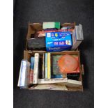 Two boxes containing vintage camera, Snoopy calendars, jigsaw puzzles, ziplock bags, tablet cases,