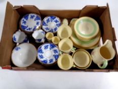 A box containing New Hall Staffordshire dinner china and a quantity of antique English blue and