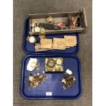 Two trays containing a quantity of watches and watch parts, pocket watch keys etc.