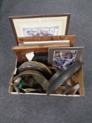 A box containing Japanese lacquered panel (as found), metal wares, Edwardian carved mirror,