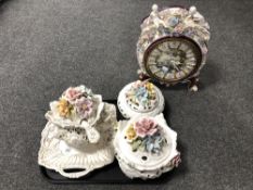 A tray of 20th century continental encrusted porcelain together with a similar circular porcelain