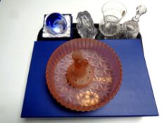 A tray containing assorted glassware to include a box set of four Bohemian crystal hand cut wine