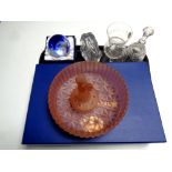 A tray containing assorted glassware to include a box set of four Bohemian crystal hand cut wine