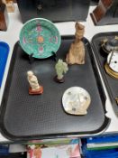 A tray of oriental wares including carved bone figure of a female on plinth,