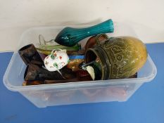 A box containing 20th century petrol glass, pottery stein,