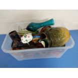 A box containing 20th century petrol glass, pottery stein,