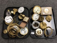 Two trays containing a quantity of clock parts and components, mantel clock,